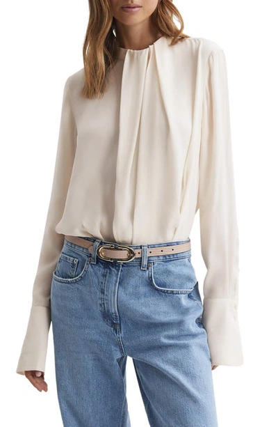 Reiss Cream Pleat Front Long Sleeve Blouse