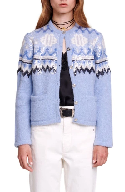 Maje Matalino Sequin Cardigan In Light Blue