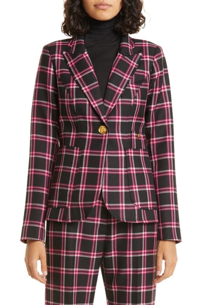 Smythe Patch Pocket Detachable Ruffle-bib Duchess Blazer In Pink/ Black Plaid