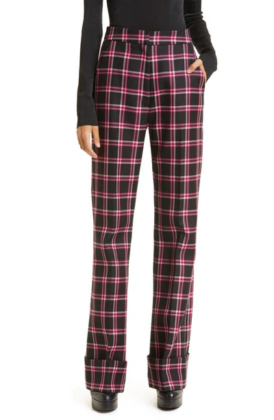 Smythe High-waisted Wool Plaid Cuffed Trousers In Pink/ Black Plaid