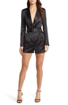 Bebe Belted Long Sleeve Satin Blazer Romper In Jet Black