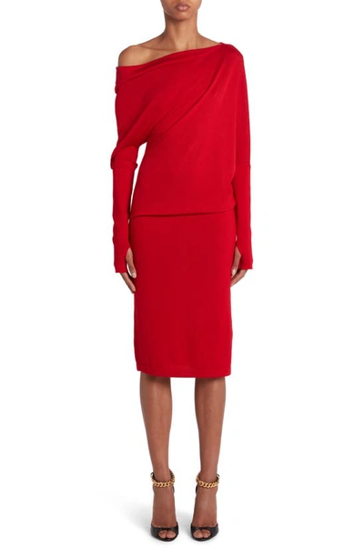 Tom Ford One-shoulder Long Sleeve Cashmere & Silk Midi Jumper Dress In Red