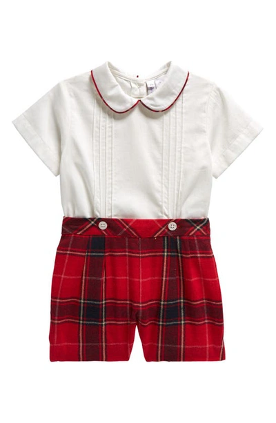 Rachel Riley Babies' Piped Cotton Button-up Shirt & Tartan Shorts Set In Red