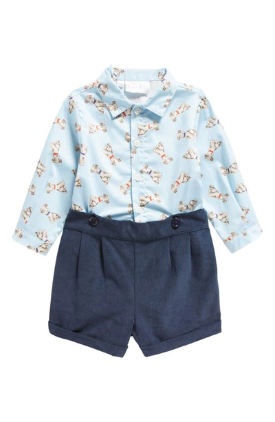 Rachel Riley Babies' Puppy Print Cotton Button-up Shirt & Shorts Set In Blue