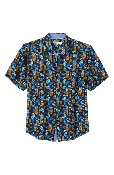 Tommy Bahama Tiki Tropics Print Short Sleeve Silk Button-up Shirt In Black