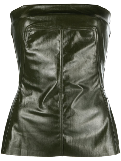 Rick Owens Strapless Distressed Coated Stretch-cotton Bustier Top In Green