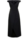 SOLACE LONDON BLACK MIDI DRESS WITH FLARED SKIRT AND ASYMMETRIC VENT IN POLYESTER WOMAN