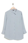 Adrianna Papell Pinstripe Long Sleeve Button-up Shirt In Silver Mist Light Stripe
