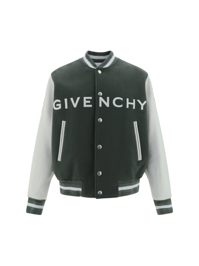 Givenchy Varsity Wool Grained Leather Jacket In Green