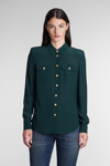 Balmain 2-pockets Crepe De Chine Buttoned Shirt In Green