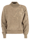 Brunello Cucinelli Long-sleeved Turtleneck Sweater With Special Sequin Appliqu? In Soft Mohair And Wool Yarn In Brown