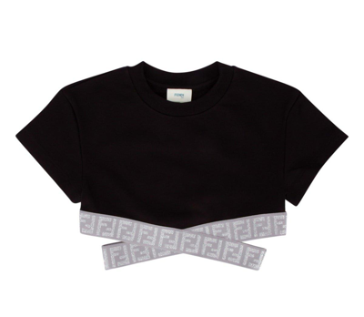 Fendi Kids'  Top Nero In Jersey Di Cotone Con Dettaglio Ff Glitter Bambina In Black