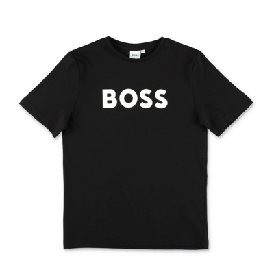 Hugo Boss Boss Teen Boys Blue Cotton Logo T-shirt In Black