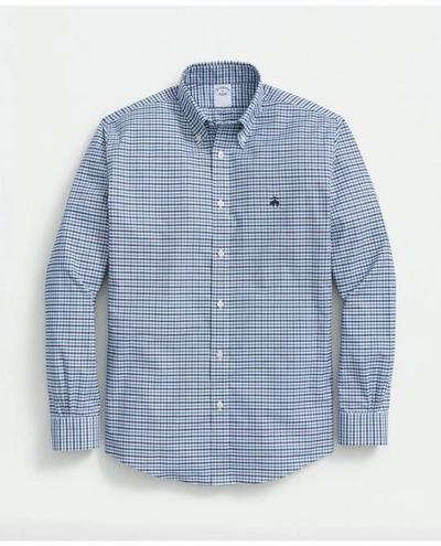 Brooks Brothers Big & Tall Stretch Cotton Non-iron Oxford Polo Button-down Collar, Mini-graph Check Shirt In Bright Blue
