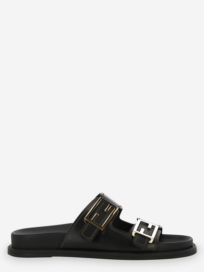 Fendi F Buckle Leather Slide Sandals In Black