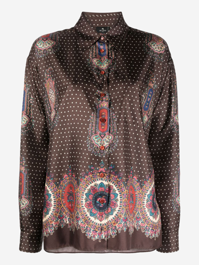 Etro Polka-dot Silk Shirt In Brown