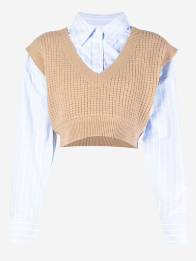 Alexander Wang Bilayer V-neck Waffle Vest And Oxford Shirting In Camel Color