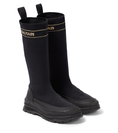 Balmain Kids' Logo-intarsia Sock Boots In Nero