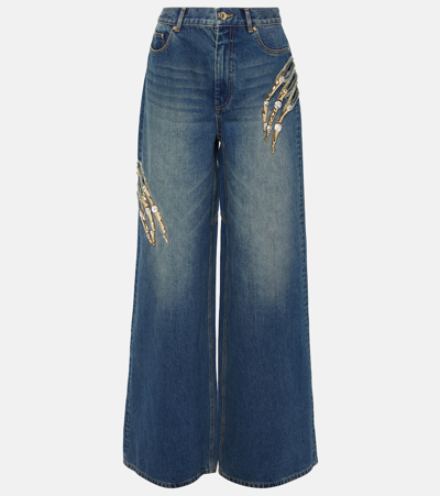 Area Embellished Claw Cutout Relaxed Jeans In Blue