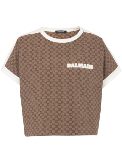Balmain Monogram-pattern Jersey T-shirt In Brown