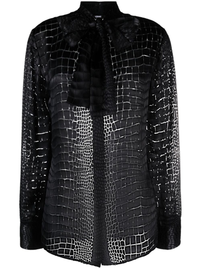 Versace Crocodile Effect Tie-neck Shirt In Nero