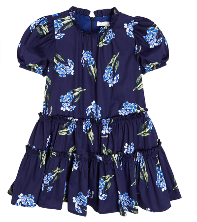 Monnalisa Kids' Girls Navy Blue Floral Cotton Dress