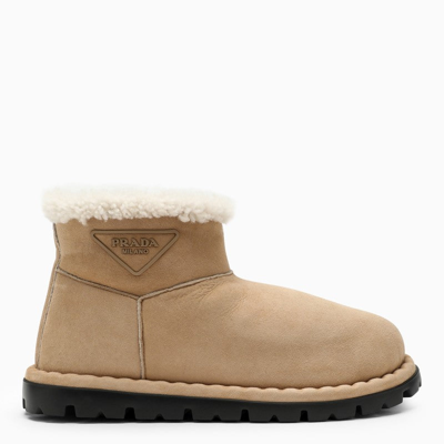 Prada Triangle-logo Suede Boots In Cream