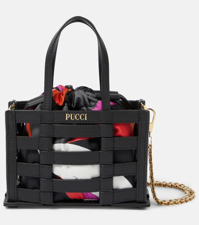 Pucci Caged Leather Shoulder Bag In A Nero Avio Verde