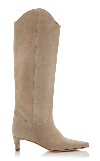 Staud Western Wally Suede Cowboy Boots In Ivory