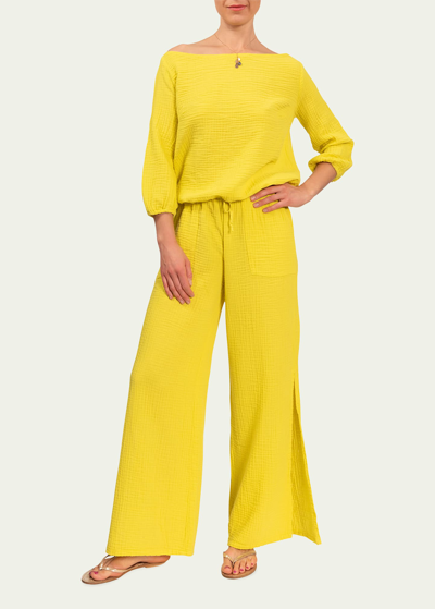Everyday Ritual Riley Slit Wide-leg Cotton Gauze Pants In Chartreuse