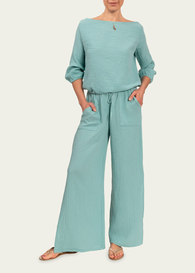 Everyday Ritual Riley Slit Wide-leg Cotton Gauze Pants In Peacock