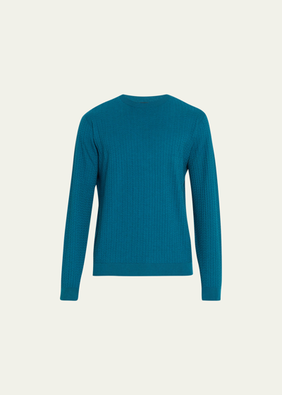 Giorgio Armani Men's Chevron Knit Crewneck Sweater In Solid Medium Blue