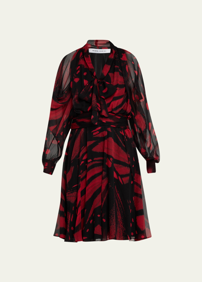 Prabal Gurung Butterfly Print Scarf-neck Midi Dress In Red Black