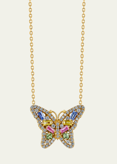 Suzanne Kalan 18k Yellow Gold Rainbow Sapphire & Diamond Butterfly Pendant Necklace, 16-18 In Multi