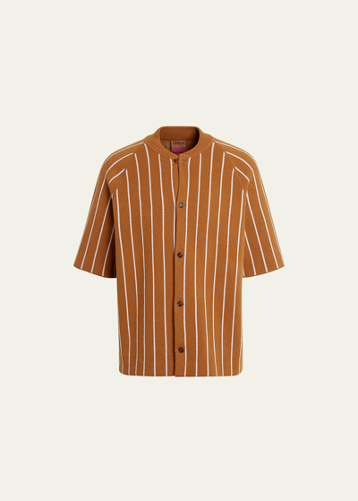 The Elder Statesman X Zegna Men's Pinstripe Cashmere Baseball Shirt In Md Brwstrp