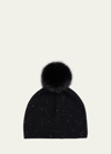 Sofia Cashmere Cashmere Sequin Beanie With Faux Pom In Black