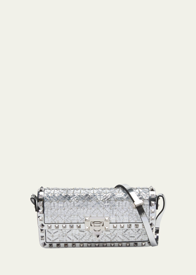 Valentino Garavani Rockstud Sequin Metallic Shoulder Bag In Silver Crystal