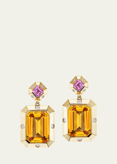 Gemella Jewels 18k Yellow Gold Stella Pink Sapphire, Citrine, And Diamond Drop Earrings In Pink Sapphire/cit