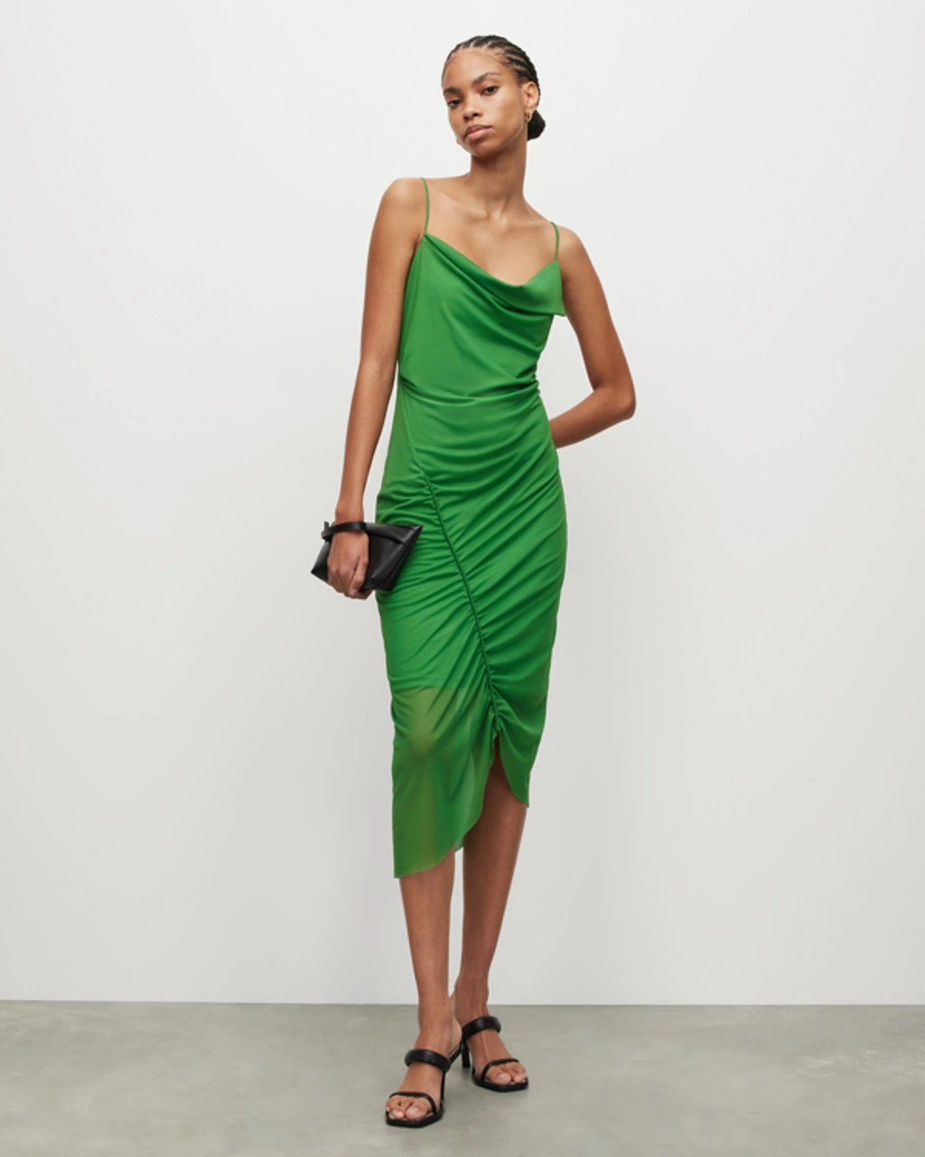 ulla mesh draped midi dress Allsaints Ulla Square Neck Mesh Draped Midi Dress In Green