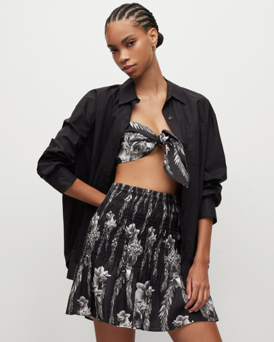 Allsaints Riah Mia Linen Floral Bandeau Tie Top In Black