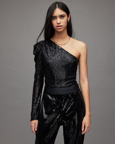 Allsaints Daphne One-shoulder Sequin Bodysuit In Black