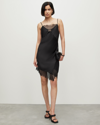 Allsaints Womens Black Eldia Lace-trim Asymmetric-hem Silk-blend Mini Dress In Black