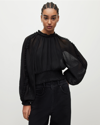 Allsaints Womens Black Thallo Balloon-sleeve Recycled-polyester Top