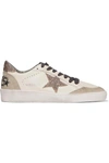 GOLDEN GOOSE SUPER STAR GLITTERED DISTRESSED LEATHER AND SUEDE SNEAKERS