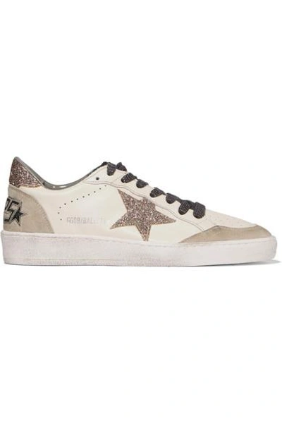 Golden Goose Super Star Glittered Distressed Leather And Suede Sneakers In Cream & Multi Glitter Star