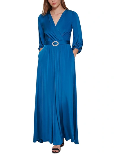 Eliza J Petites Womens Belted Long Evening Dress In Blue