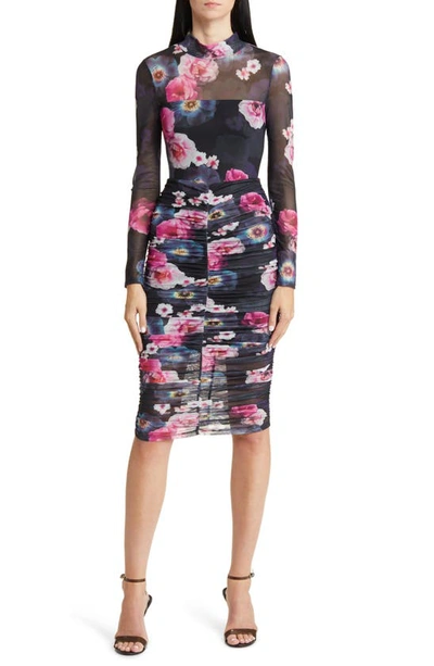 Bebe Floral Ruched Mesh Long Sleeve Midi Dress In Blue/ Green