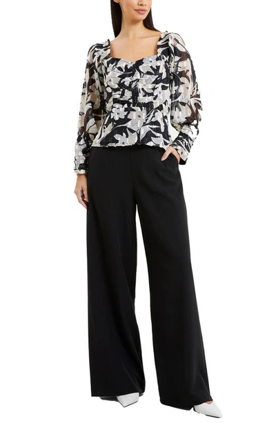 French Connection Ally Dinah Floral Long Sleeve Clipped Chiffon Blouse In Blackout Print