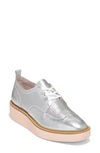 Cole Haan Women's Lace Up Platform Brogue Wingtip Oxford Flats In Silver Tal