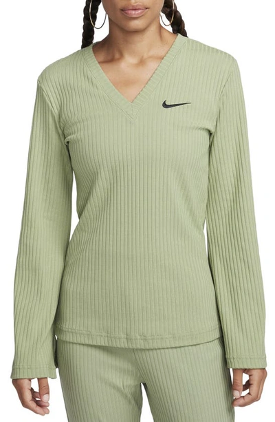 Nike Women's  Sportswear Ribbed Jersey Long-sleeve V-neck Top In Green